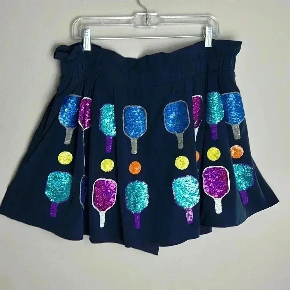 QUEEN OF SPARKLES Navy Skirt with Sequin Paddle Design